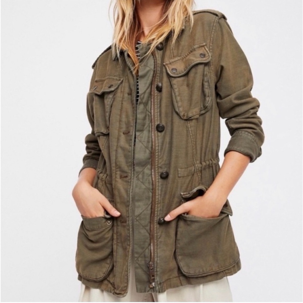 $148 Free People Not Your Brother's Military Style Jacket Moss Khaki Green S